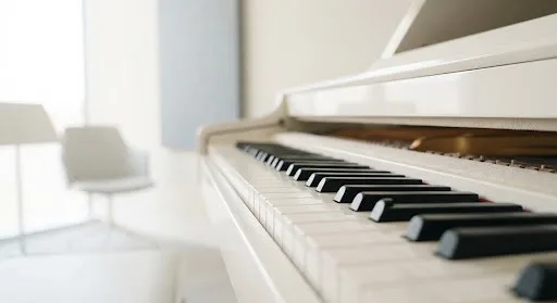 Bright practice room with a piano